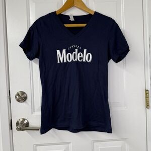 Modelo Cerveza Brand Ambassador T-shirt Blue & White Women's Short Sleeve V-neck
